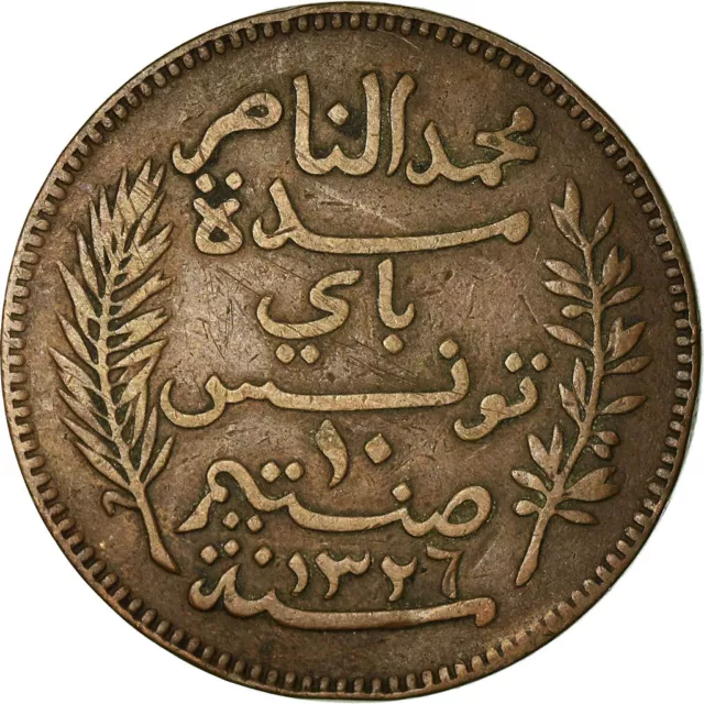 [#772454] Coin, Tunisia, Muhammad al-Nasir Bey, 10 Centimes, 1908, Paris, EF