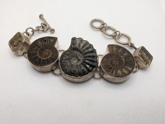 Vintage Ammonite Fossil Sterling Silver 925 Toggle Bracelet -8"