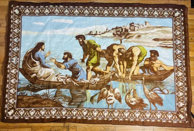 Jesus Christ Miraculous Catch of Fishes Turkish Cloth Wall Hanging Art 56x38