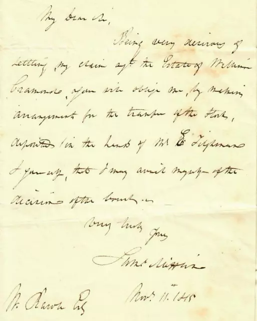 "Union Canal Company" Samuel Mifflin Hand Written Letter Dated 1815