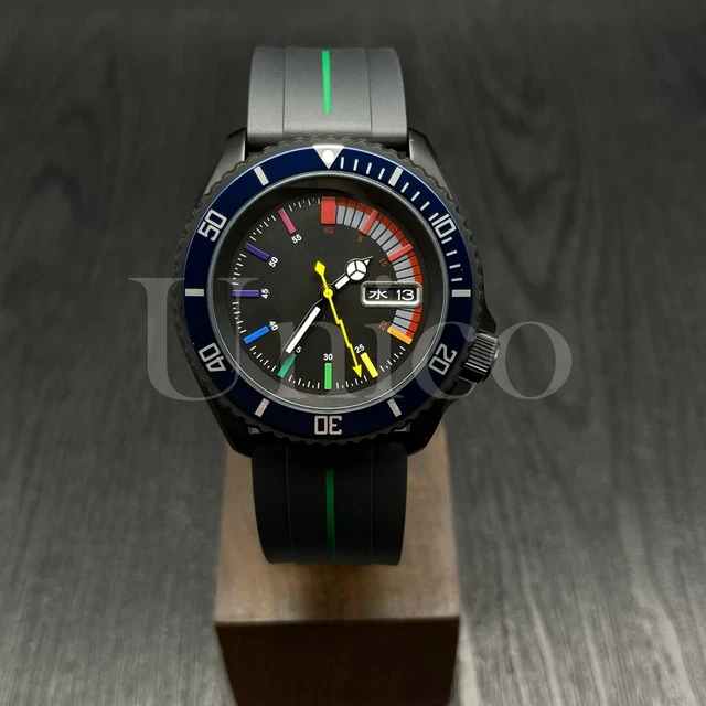 Custom Made Mods Watch SKX Style NH36 Auto Movement Blue/SL Rainbow Hours BLK/GN