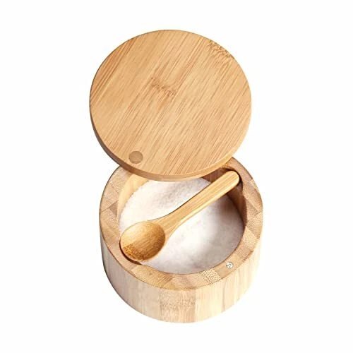 Bamboo Salt Cellar Bowl Box Container with Built-in Spoon to avoid...