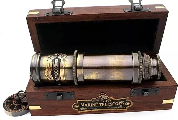 Vintage Nautical Handheld Brass Telescope with Wood Box Nautical Captain Spyglas