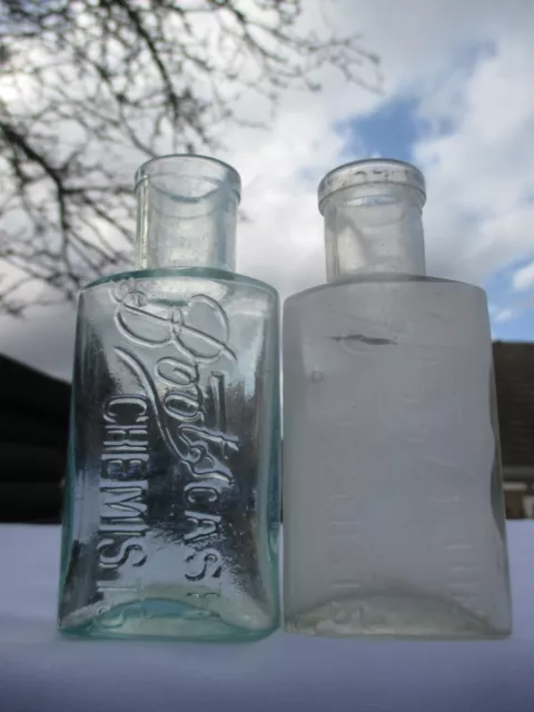 2x VINTAGE BOOTS CASH CHEMIST BOTTLE MEDICINE APOTHECARY CURE c1915