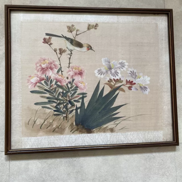 Lovely Bird and Flowers, Chinese Mid 20th Century Gouache on Silk 12x10”