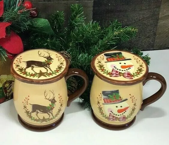 Ltd. Commodities ~ 🦌 Stag & Snowman Mugs with Matching Coasters/Lids⛄ ~ 4 pcs.