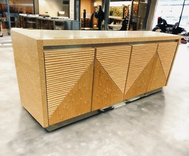 Exceptional Coastal Rattan Curly Maple Credenza With Brass Accents