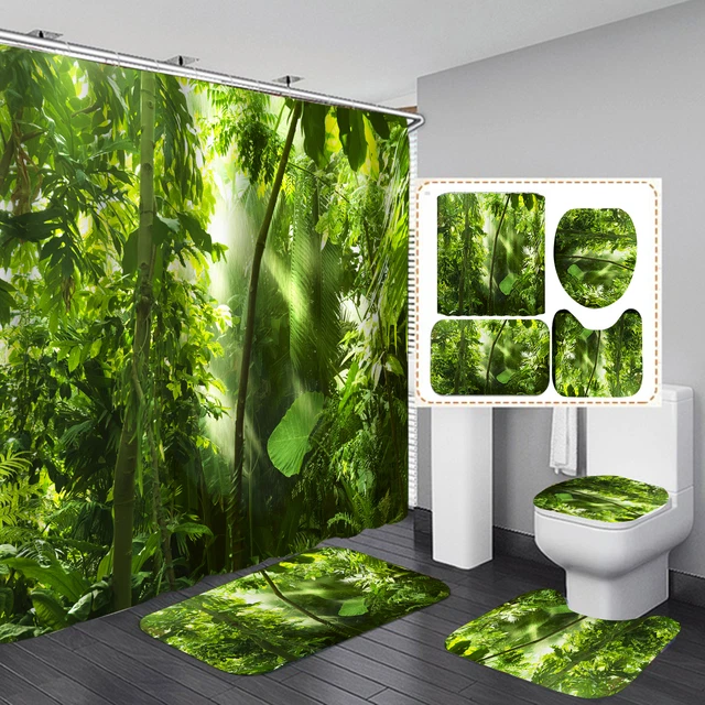 RAINFOREST JUNGLE PALM Leaves Shower Curtain Toilet Lid Cover Bath Mat