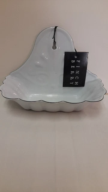 Scalloped Metal White Soap Trinket Dish Finch Berry Enamel New Wall Mount Shelf