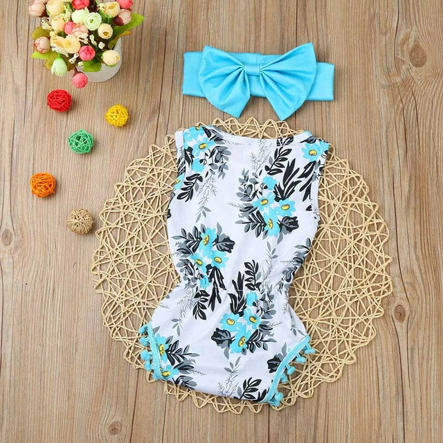 Newborn Toddler Kid Baby Girl Print Romper Jumpsuit Sunsuit+Headband Clothes Set