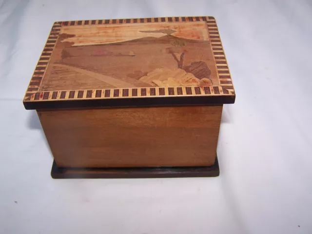 Vintage Wooden Cigarette Holder Desk Dispenser Marquetry Veneered Scene