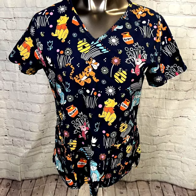 Disney Pequeño Azul Winnie The Pooh Tigger Puerquito Eyore Miel Bolsillos Scrub