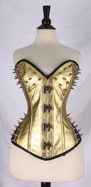 High Quality Overbust Golden Real Leather Steam punk Spikes Corset with Clasps