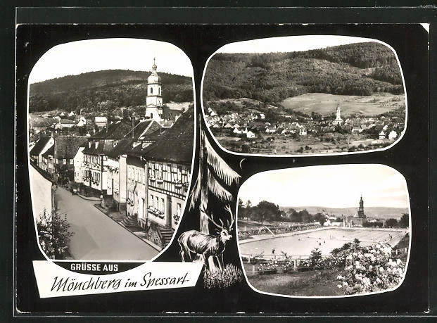 AK Mönchberg /Spessart, Straßenpartie mit Rathaus, Schwimmbad