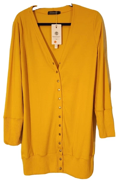 NWT Merokeety Sweater Womens Sz L Mustard Snap Button Knit Cardigan Long Sleeve