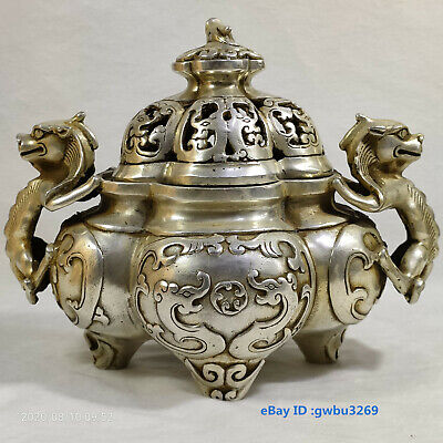 Collect old Tibetan silver Handwork carved Dragon Incense burner w Xuande Ma