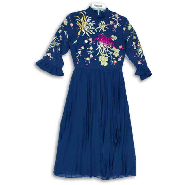 Asos Womens Blue Floral Ruffle 3/4 Sleeve Back Zip Fit & Flare Dress Size 4