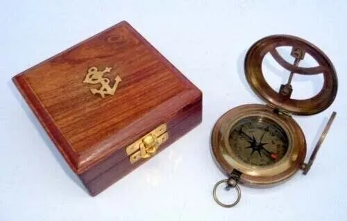 Marine Brass Push Button Sundial Pocket Compass with Wooden Box Gift
