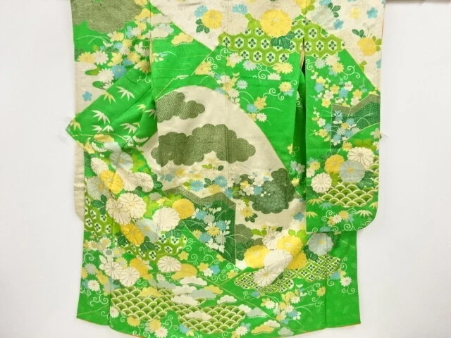 80744# Japanese Kimono / Antique Furisode / Embroidery / Kiku & Classical Pa