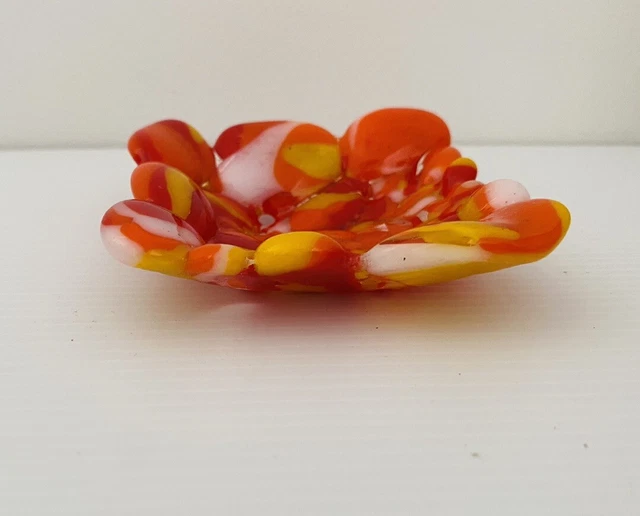 Fused Glass Small Multicolored Orange Red Trinket Ring Mini Dish Decor Piece