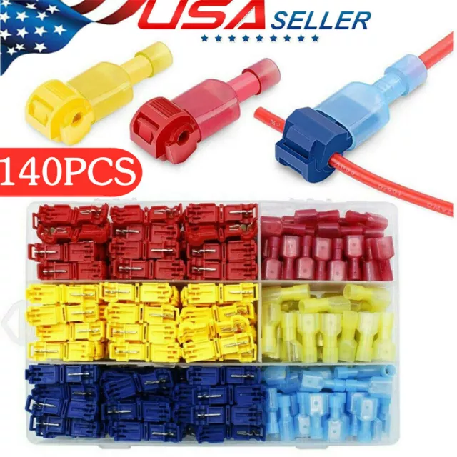 140PCS Insulated 22-10AWG T-Taps Quick Splice Wire Connectors Spade Terminal Kit