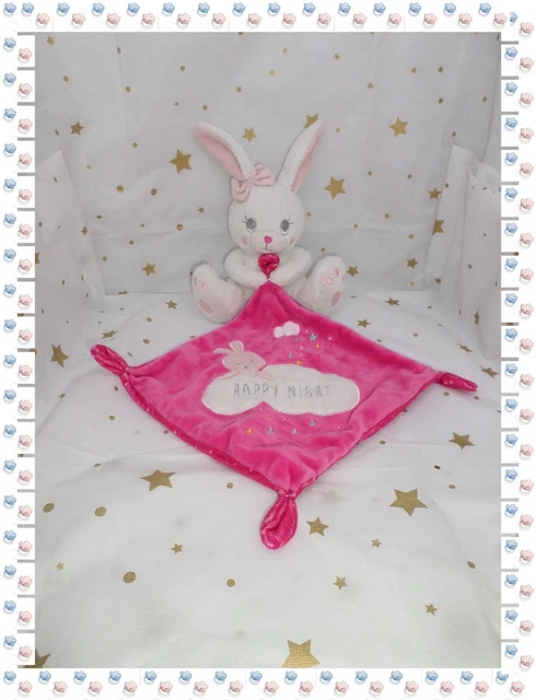 ⑭ - Doudou Peluche Lapin Mouchoir  Blanc Rose Etoiles Happy Night   Simba Toys