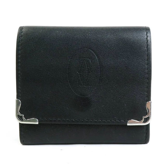 Auth CARTIER Coin Case Coin Purse Black Leather/Silvertone - r9546a