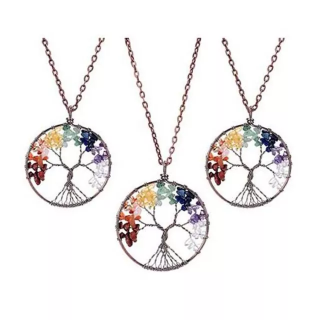Natural Crystal Wire Wrapped Tree of Life Chakra Reiki Stone Pendant Necklace