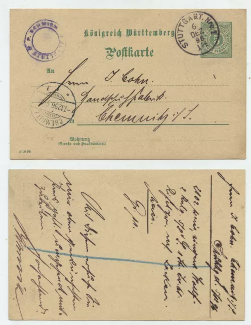 65634 - Ganzsache P 37 - Postkarte - Stuttgart 6.12.1896 nach Chemnitz
