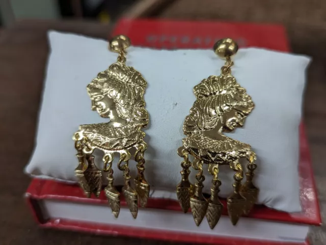 Retro Dead Stock Gold Tone Art Nouveau Style Lady Deco Dangle Earrings #013