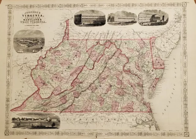 1864 Antique Johnson's Map of Virginia, Delaware, Maryland, West Virginia