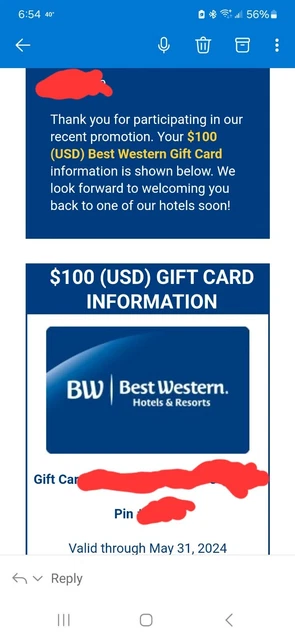 Best Western $100 Gift Card Expires May 31, 2024 Email Delivery
