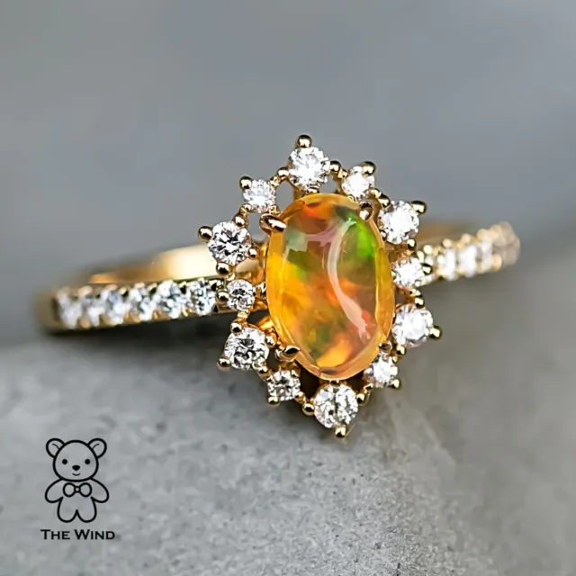 Stunning Rainbow Colored Mexican Fire Opal Halo Diamond Engagement Ring 18K Gold