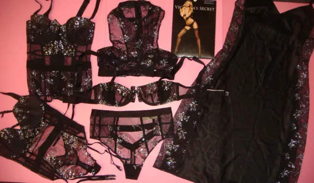 Victoria's Secret 34C BOMBSHELL BRA SET+garter TEDDY+CORSET BLACK silver  foil