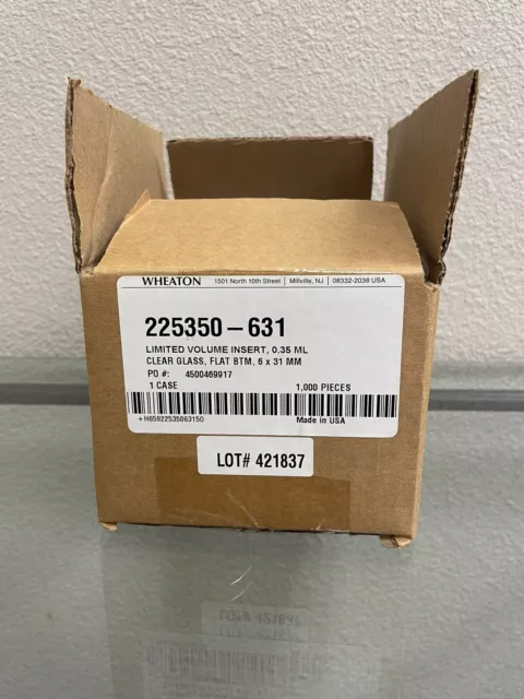 Wheaton Glass Flat Bottom Vial Insert, 0.35 ml, 1000 Vials, 225350-631SP