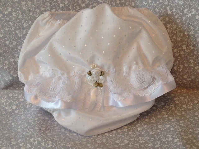 White Baby Girls Lace Frilled Knickers with Ribbon and Pearl Rosebud Trim 0-3mth