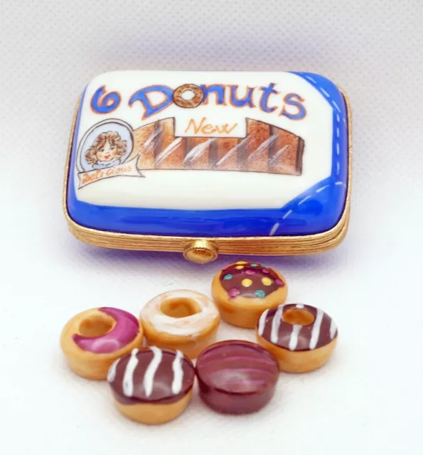 New French Limoges Trinket Box Removable Delicious Fresh Donuts in Blue Box
