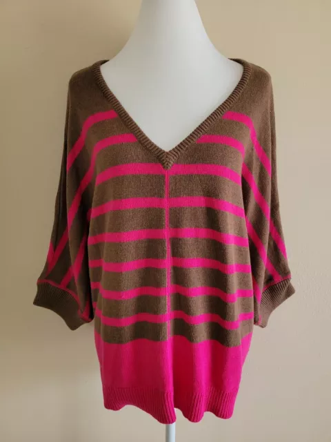 NWT JCP Women's Sweater 3/4 Dolman Sleeve V-Neck Striped Cotton Blend.Size L