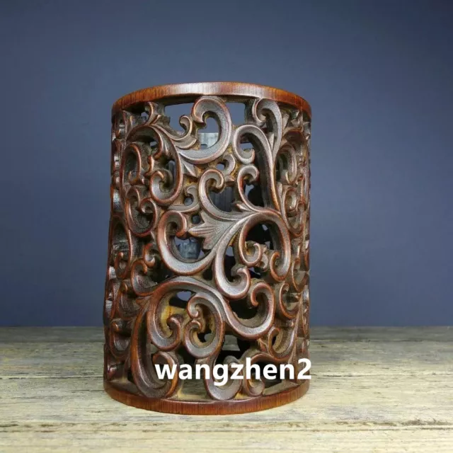 Chinese Wood brush pot natural Bamboo carving Pen holder Hollow pattern 16cm