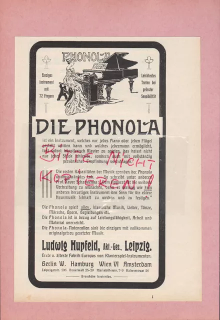 LEIPZIG, Werbung 1906 Ludwig Hupfeld AG Phonola Piano Klavier Instrumente-Fabrik