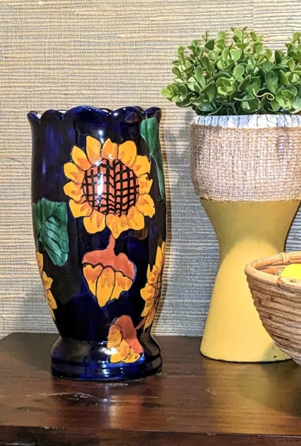 Stunning Mexican Pottery Hand-Painted Red Clay Sunflower Vase Talavera 10 inch