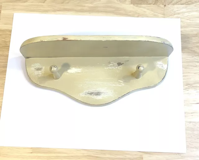Vintage Country Farmhouse Shabby Chic Solid Wood Wall Shelf With 2 Pegs Yellow