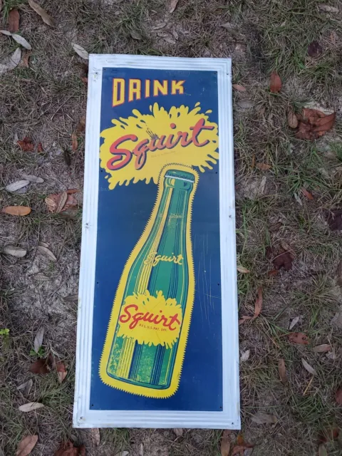 c.1940s Original Vintage Drink Squirt Sign Metal Embossed RARE! First Edition