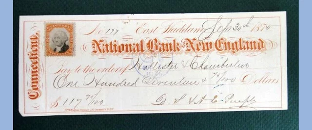 1875 antique BANK CHECK national bank NEW ENGLAND w revenue stamp CHAMBERLIN