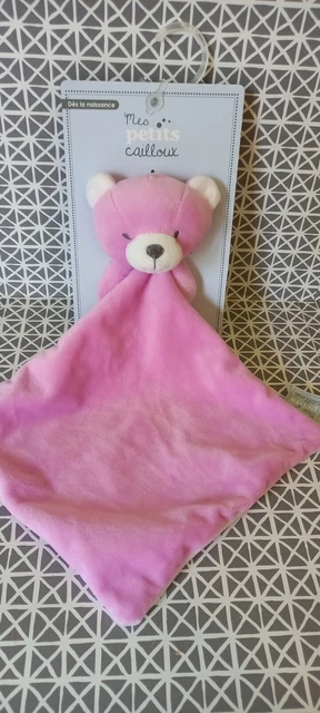 Doudou plat ours parme rose blanc Mes Petits Cailloux neuf