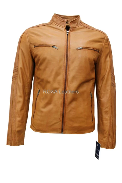 Uomo Originale Agnello 100% Premium Pelle Giacca Biker Casual Indossare Marrone