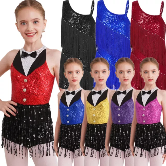 Kids Girls Sequins Tassel Tango Latin Dance Dress Salsa Ballroom Leotard Costume