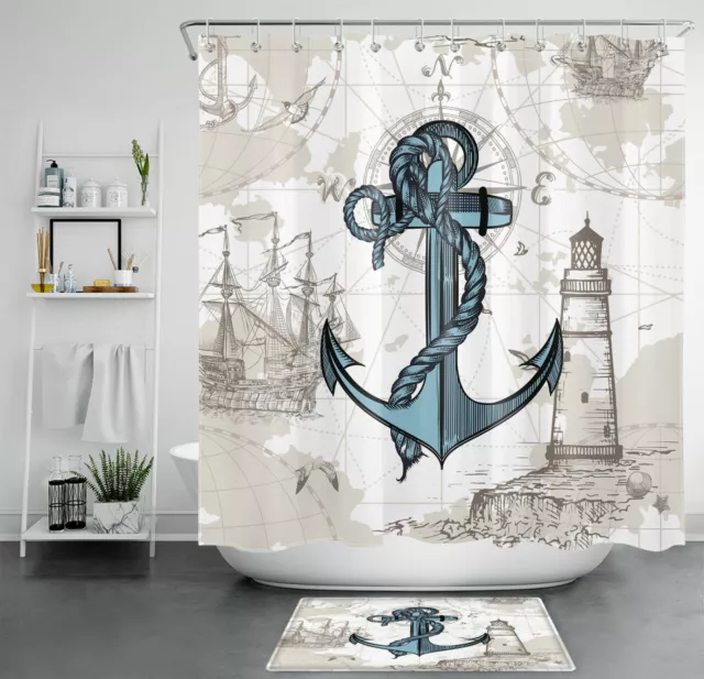 Retro Sailboat Nautical Blue Anchor Ocean Shower Curtain Set for Bathroom Decor