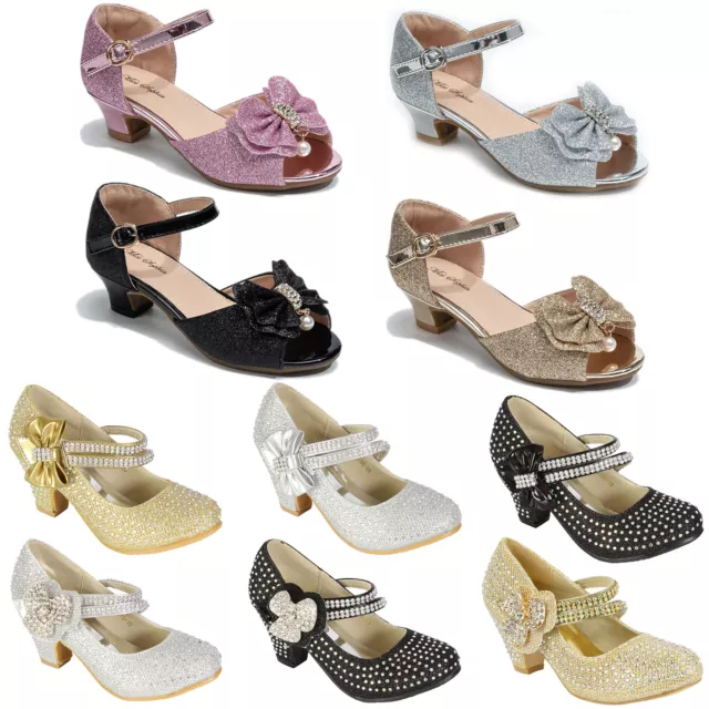 Girls Low Heel Party Mary Jane Diamante Evening Sandals Wedding Court Shoes Size