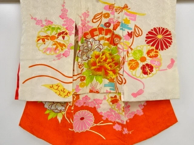 43467# Japanese Kimono / Antique Kimono For Girls / Embroidery / Fan & Flowe